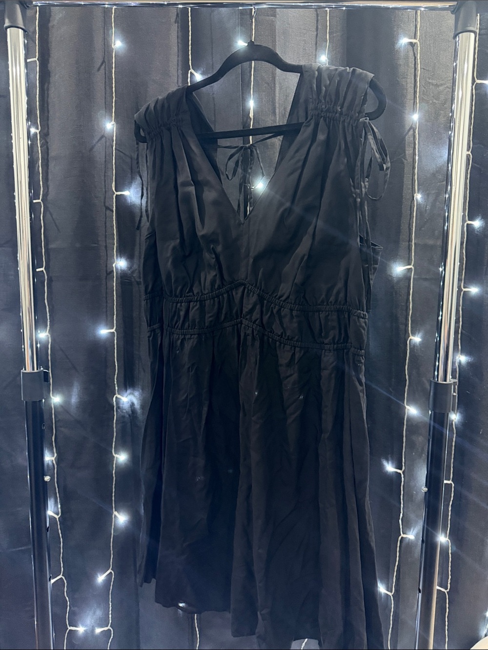 Time and Tru Black V-Neck Tie-Shoulder Mini Dress with Gathered Waist